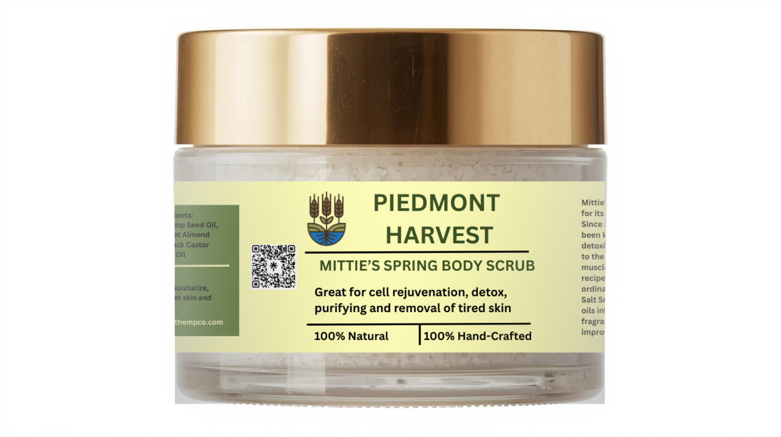 It's time to experience our hand-curated body exfoliant enriched with Israeli Dead Sea Salt and our Hemp Seed Oil infusion. Mittie's Spring gently exfoliates dry skin, stimulating cell renewal. This refreshing blend is enhanced with Coconut, Patchouli, and Black Castor Oils with our Ginger Vanilla Fragrance moisturizes for a healthy, rejuvenated glow.