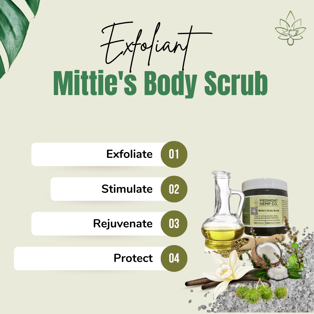 It's time to experience our hand-curated body exfoliant enriched with Israeli Dead Sea Salt and our Hemp Seed Oil infusion. Mittie's Spring gently exfoliates dry skin, stimulating cell renewal. This refreshing blend is enhanced with Coconut, Patchouli, and Black Castor Oils with our Ginger Vanilla Fragrance moisturizes for a healthy, rejuvenated glow. Edit alt text